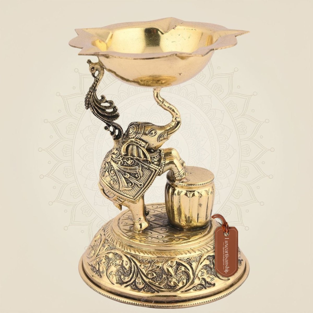 Majestic Brass Elephant Lamp– 4.75" Handcrafted Oil Diya for Festive & Decor - Luxeartisanship