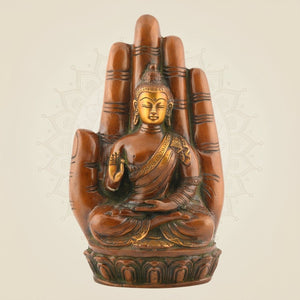 Meditating Brass Buddha on Palm Idol