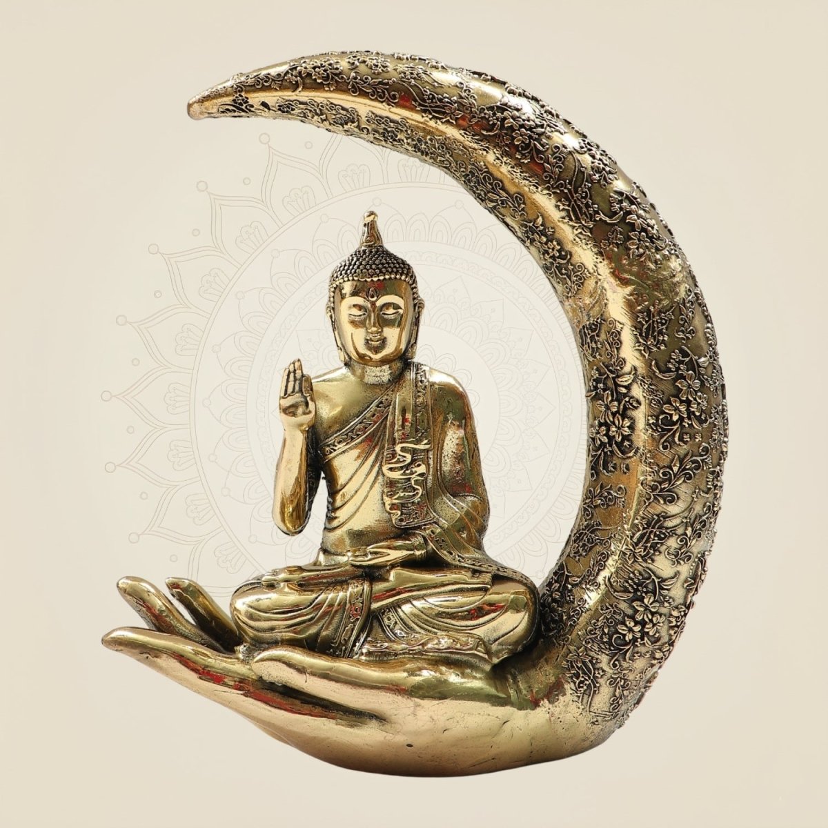 Meditating Moon Buddha Brass Statue 6.25" for Home & Office Decor - Luxeartisanship