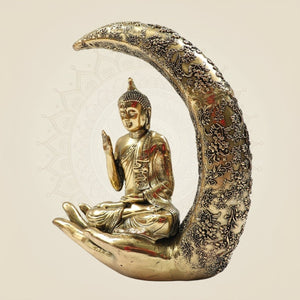 Meditating Moon Buddha Brass Statue 6.25" for Home & Office Decor - Luxeartisanship