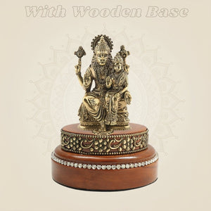 Narasimha with Lakshmi Brass Statue on a Round Wooden Base
