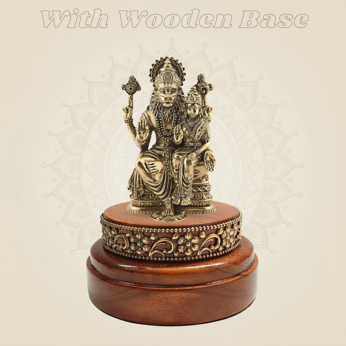 Narasimha with Lakshmi Brass Idol on a Round Wooden Base