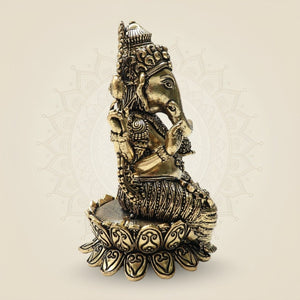 Ornate Brass Ganesha Idol 4"– Seated Ganpati Statue with Detailed Lotus Base - Luxeartisanship