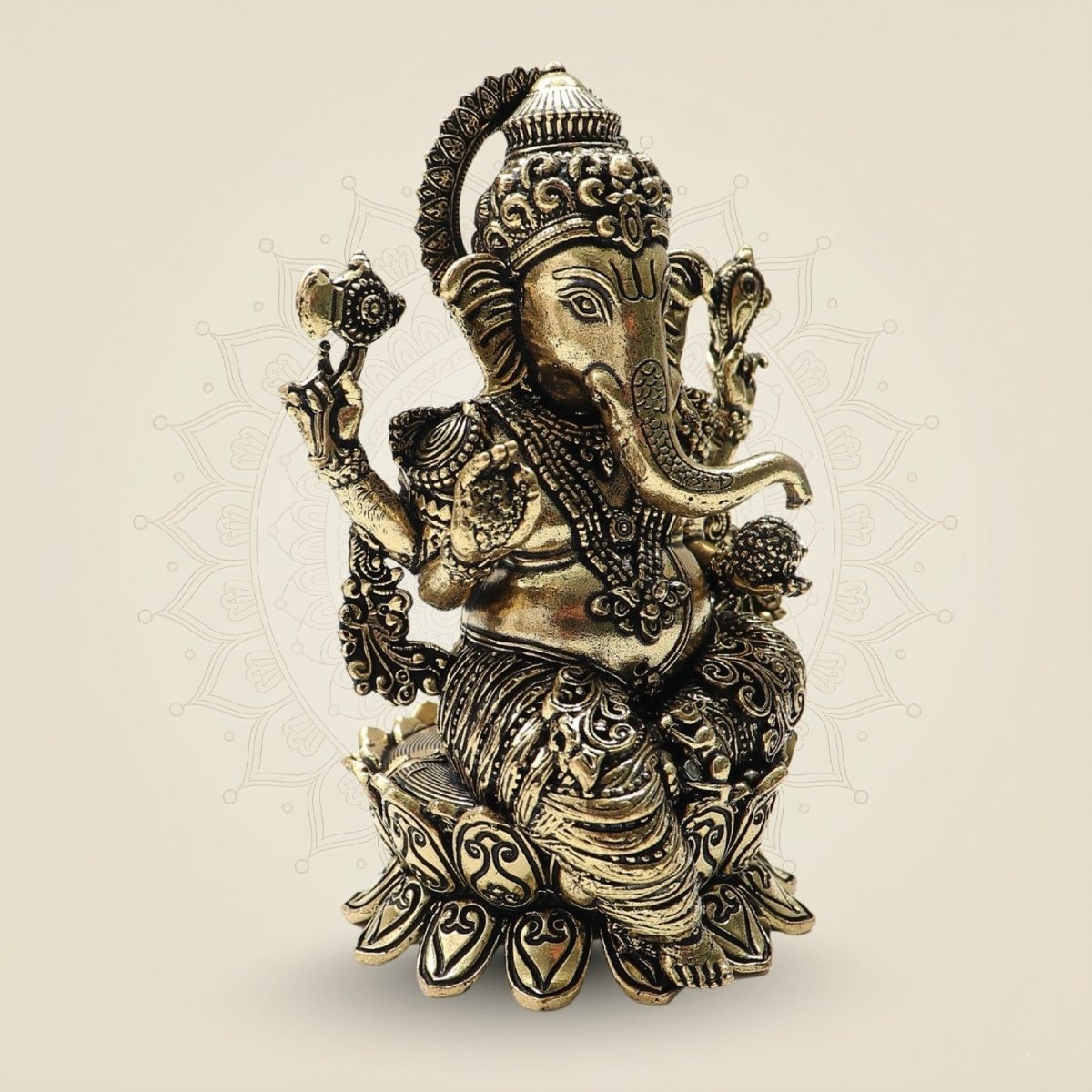 Ornate Brass Ganesha Idol 4"– Seated Ganpati Statue with Detailed Lotus Base - Luxeartisanship