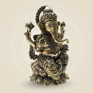 Ornate Brass Ganesha Idol 4"– Seated Ganpati Statue with Detailed Lotus Base - Luxeartisanship