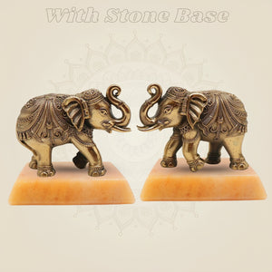 Pair of 4" Brass Elephants – Lucky Trunk - Up Figurines on gemstone base