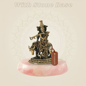Bronze Krishna Idol Playing Flute with Cow with stone base