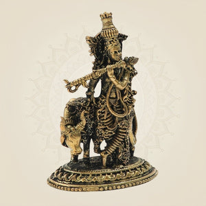Panchaloha Krishna Playing Flute with Cow Bronze Idol 3"– Detailed Decorative Statue - Luxeartisanship