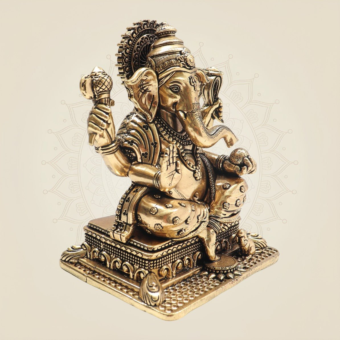 Premium Brass Ganesha on Singhasan Idol 6" with Royal Seating - Luxeartisanship