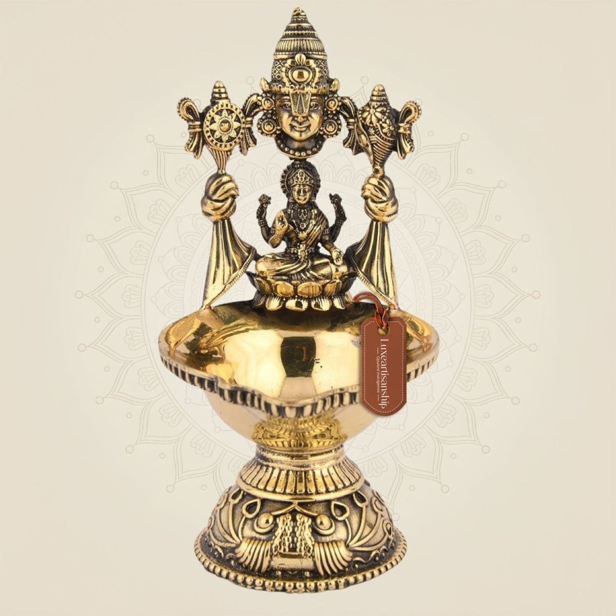 Pure Brass Balaji with Laxmi Diya Handcrafted Artisan Idol – 4.25" Decor - Luxeartisanship
