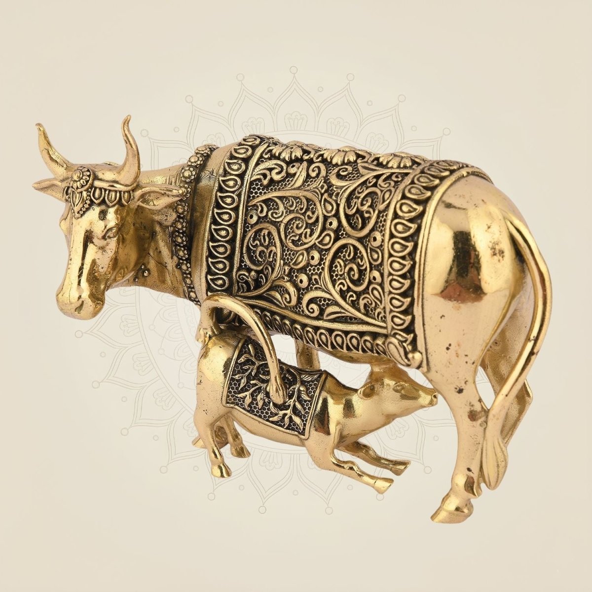 Pure Brass Kamdhenu Cow Idol & Calf 3.25" – Lightweight, Handcrafted Artisan - Luxeartisanship