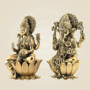 Pure Brass Lakshmi Ganesh Set 6" – Lightweight Handcrafted Idols on Lotus Base - Luxeartisanship
