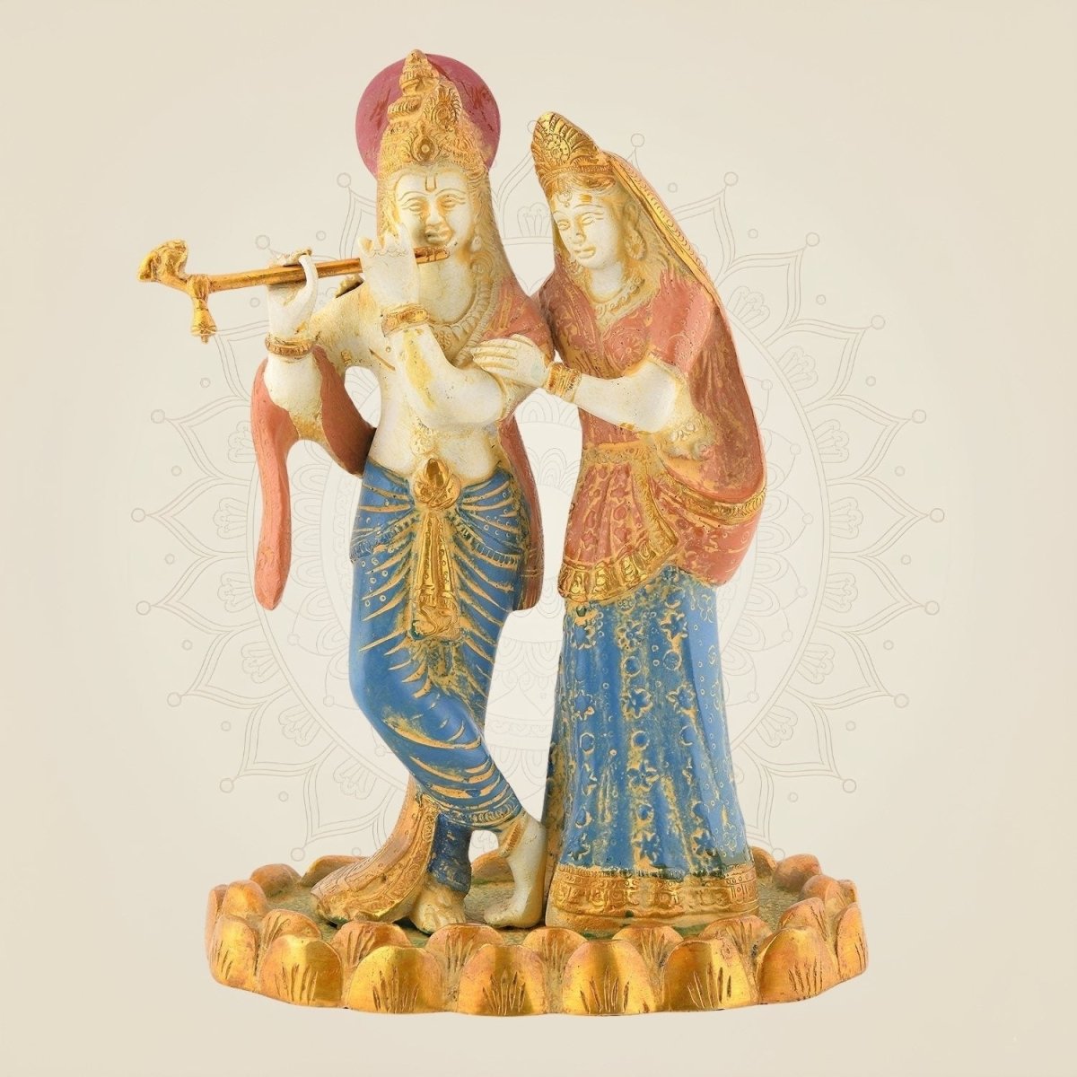 Radha Krishna with Flute – 10.25" Standing Mud Finish Multicolor Brass Idol - Luxeartisanship