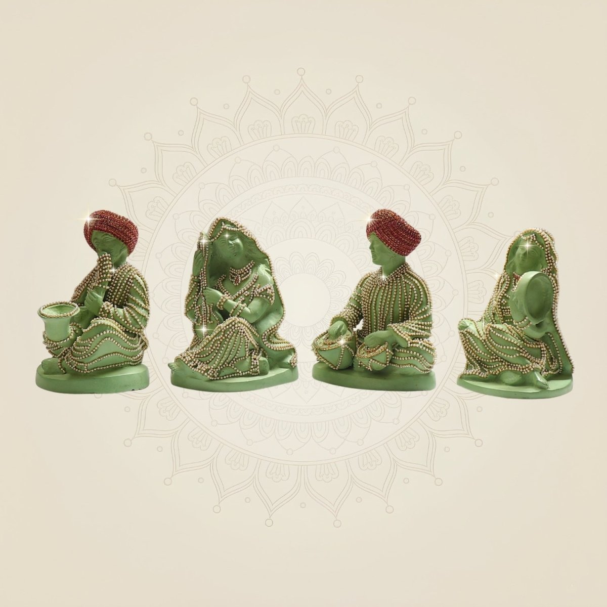 Rajasthani Musician Brass set of 4 Showpiece with Jewellery Stone Work Decor - Luxeartisanship