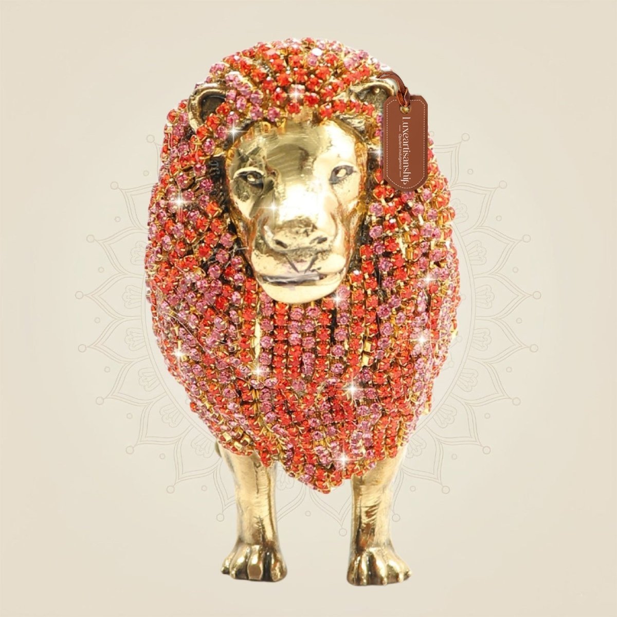 Regal Brass Lion Figurine with Rhinestone Work