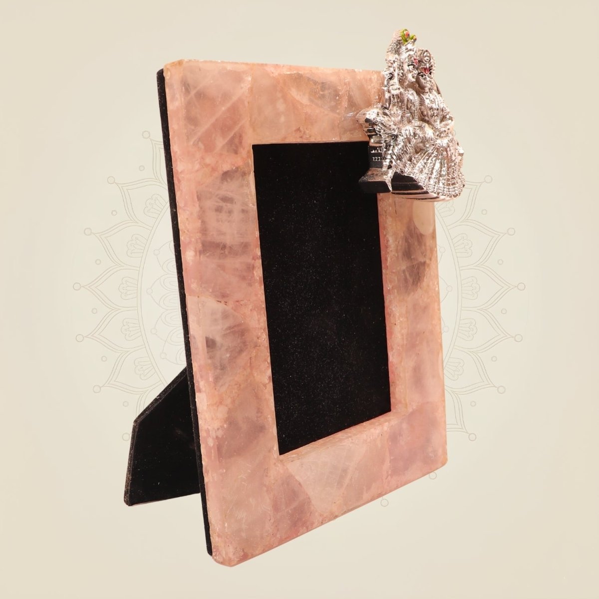 Rose Quartz Photo Frame with Silver-Plated Radha Krishna for Premium Gifting Decor - Luxeartisanship