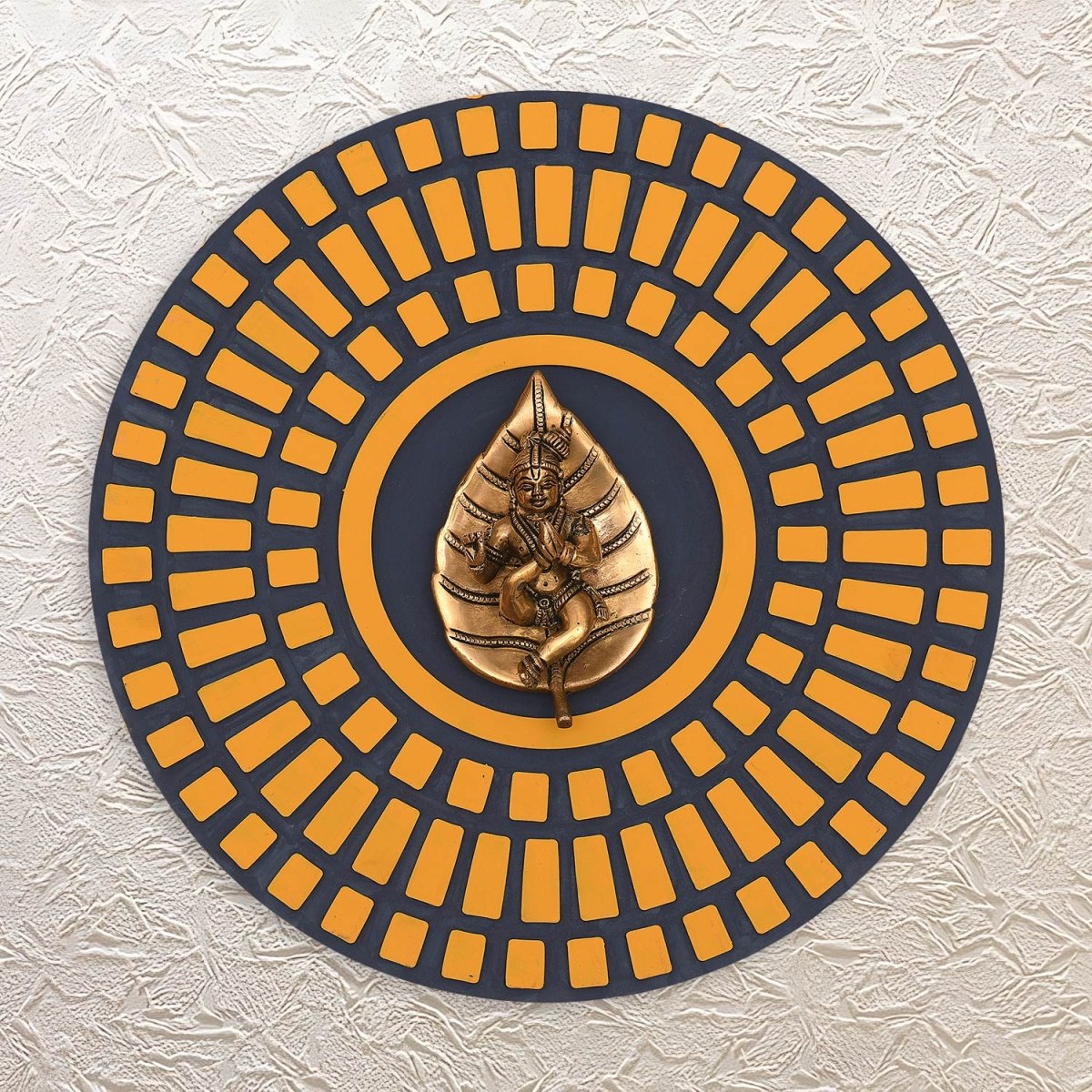 Round Wall Frame with Baby Krishna on Leaf 15" – Handcrafted Brass Statue in Wood - Luxeartisanship