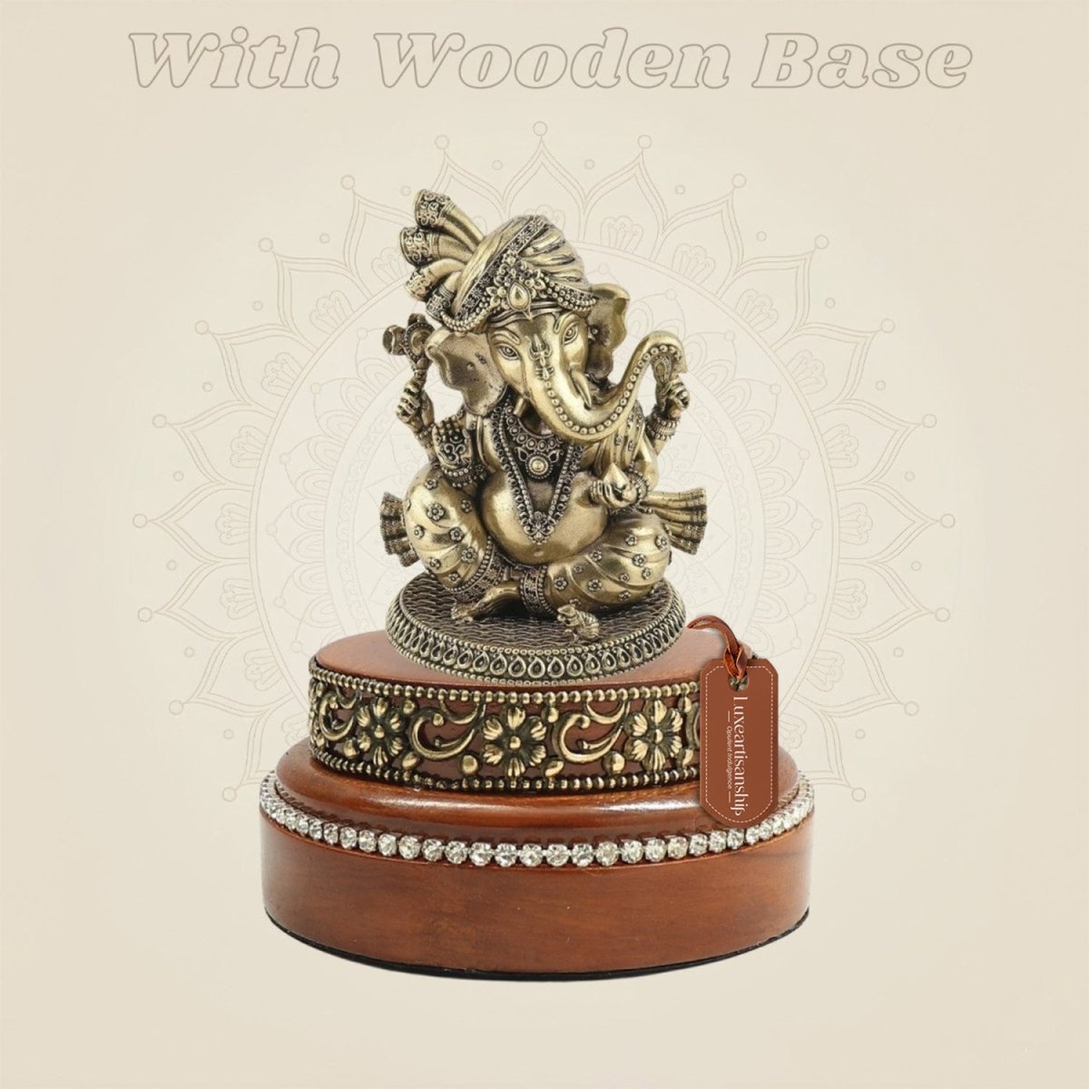 Brass Ganesha Murti on Round Wooden Base for Home Temple