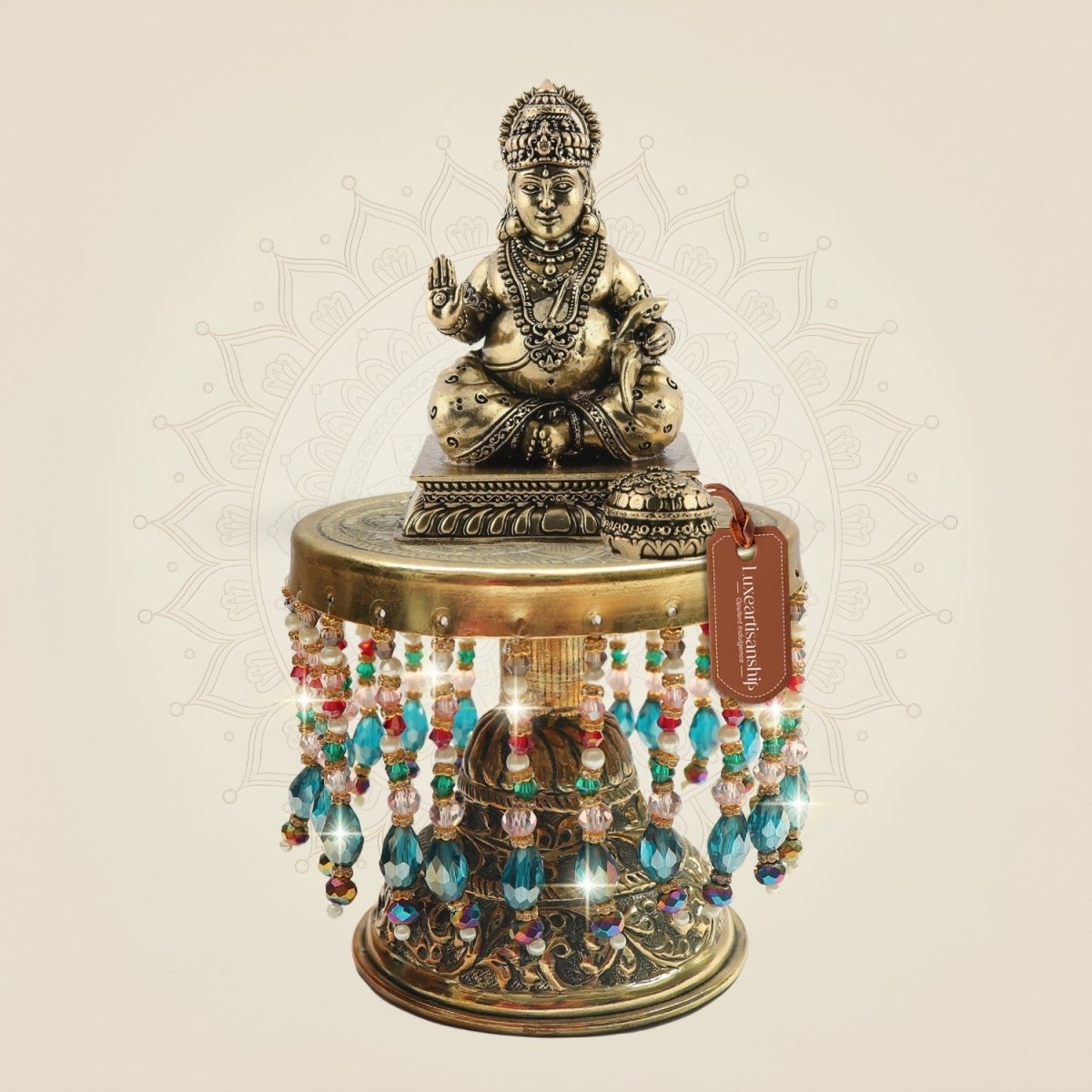 Seated Kuber Brass Idol on Chowki – A Symbol of Fortune 6.5" - Luxeartisanship