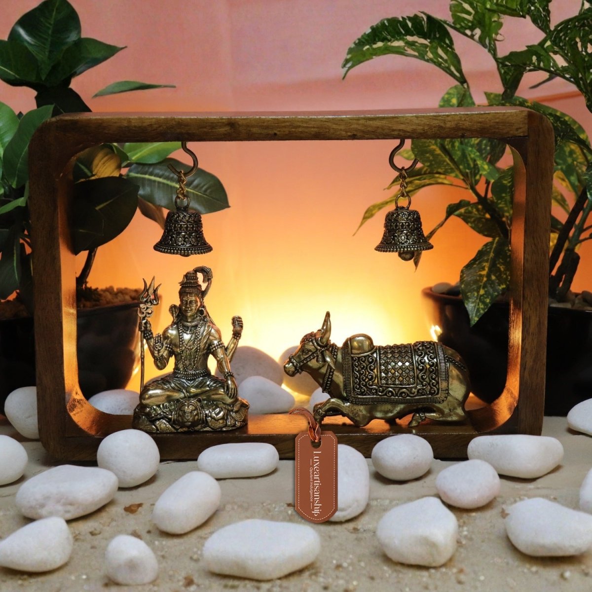Brass Lord Shiva and Nandi Idol in Wooden Frame with Bells 8.25-Inch