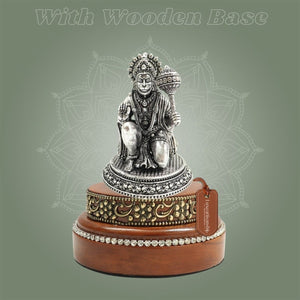 Silver - Plated 4″ Hanuman Idol Crafted in Brass with Round Wooden Base - Luxeartisanship