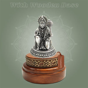Silver - Plated 4″ Hanuman Idol Crafted in Brass with Round Wooden Base - Luxeartisanship