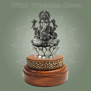 Silver - Plated Brass Chaturbhuja Ganesh Idol 5″ with Round Wooden Base - Luxeartisanship