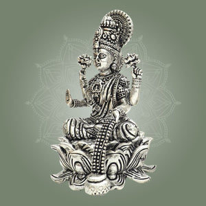 Silver Plated Goddess Lakshmi Lotus Base Brass Statue 4" - Luxeartisanship