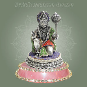Silver Plated Kneeling Brass Hanuman Idol 3.75" with Refined Stone Detailing - Luxeartisanship