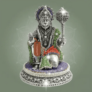 3.75-Inch Silver Plated Kneeling Brass Hanuman Idol with Stone Detailing