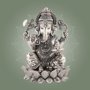 Silver - Plated Lord Ganesha on Lotus Idol – 4" Superfine Pure Brass Statue - Luxeartisanship