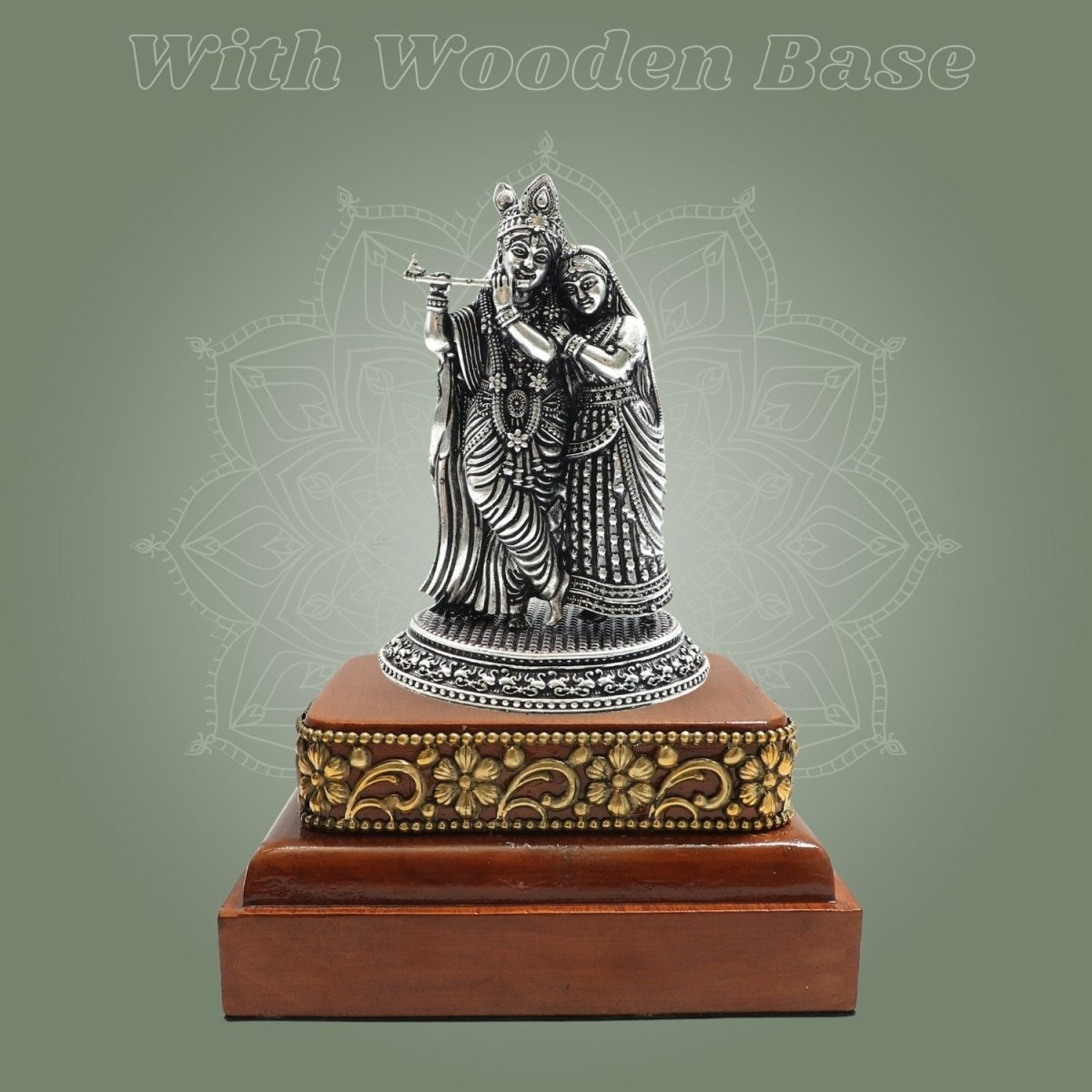 Silver - Plated Radha Krishna Brass Statue (4.25″), Finished with a Smooth Square Wooden Base - Luxeartisanship