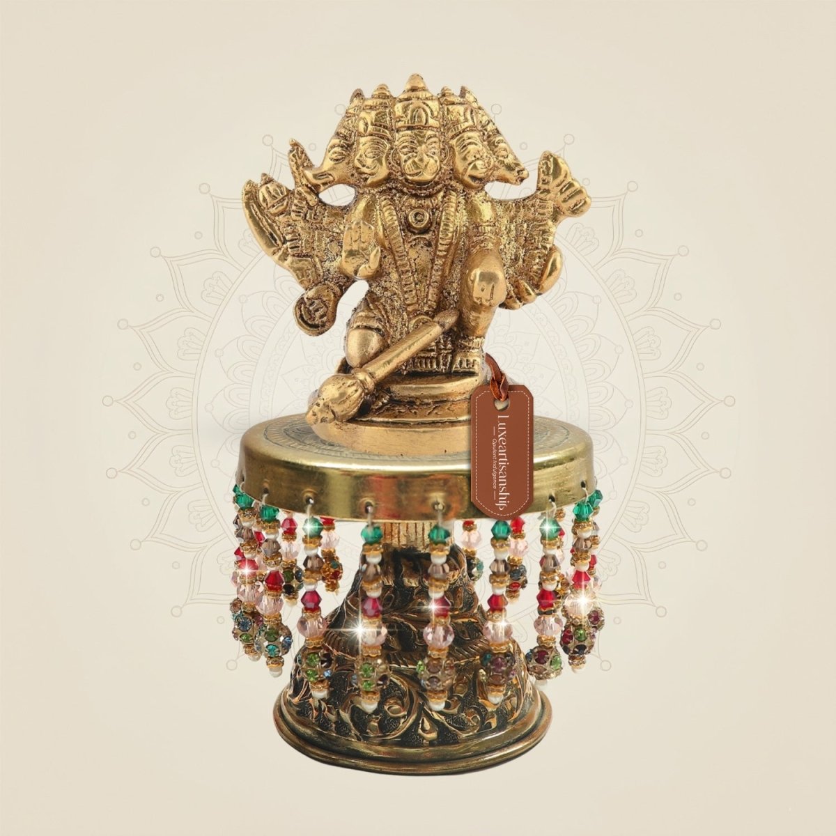 Small Size 5.25" Brass Panchmukhi Hanuman Statue on Decorative Chowki - Luxeartisanship