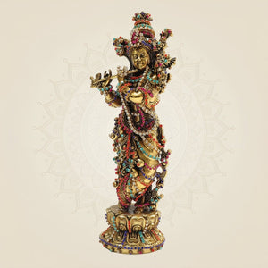 South Indian Krishna Brass Idol 7.75" with Multicolour Rhinestone Stone Work - Luxeartisanship