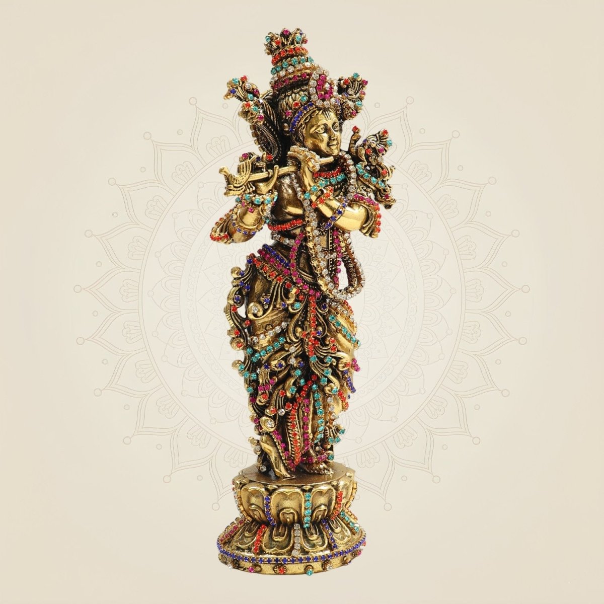 South Indian Krishna Brass Idol 7.75" with Multicolour Rhinestone Stone Work - Luxeartisanship