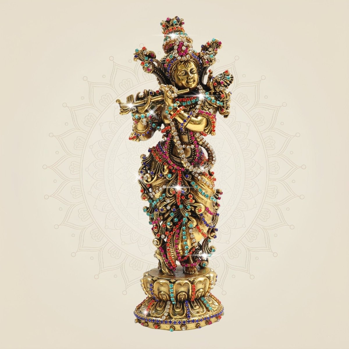 South Indian Krishna Brass Idol 7.75" with Multicolour Rhinestone Stone Work - Luxeartisanship