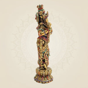 South Indian Krishna Brass Idol 7.75" with Multicolour Rhinestone Stone Work - Luxeartisanship
