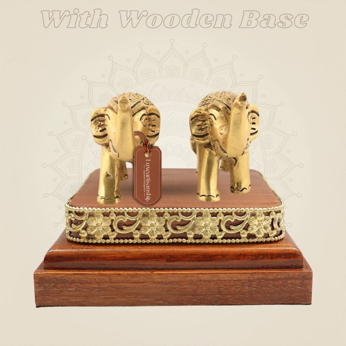 2.25 inch Brass Elephant Decorative Showpiece Pair on Square Wooden Base