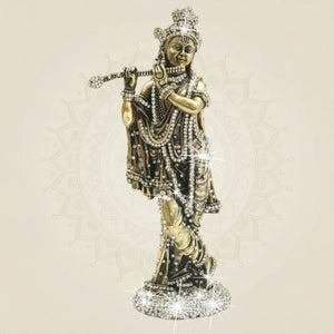 Standing Krishna Brass Murti with Flute & Jewellery Stone Work 10" - Luxeartisanship