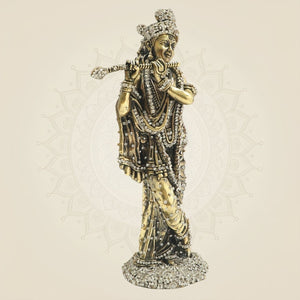 Standing Krishna Brass Murti with Flute & Jewellery Stone Work 10" - Luxeartisanship
