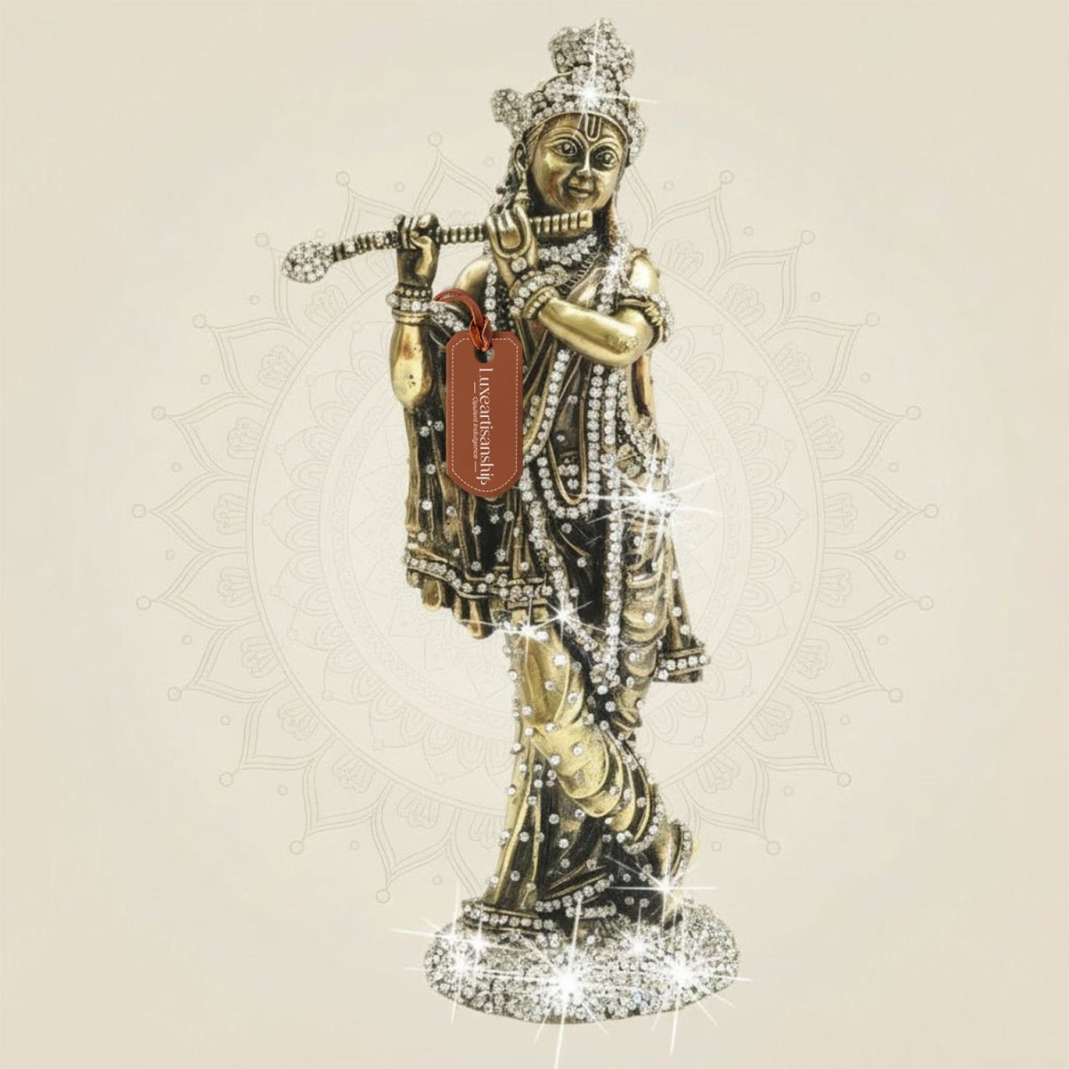 Standing Krishna Brass Murti with Jewellery Stone Work