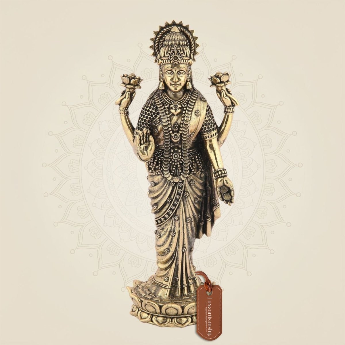 Standing Laxmi Ji Idol– 6.75" Handcrafted Pure Brass Murti - Luxeartisanship