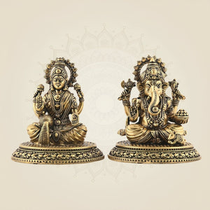 Superfine Ganesha Lakshmi Brass Idol Set 3.25" | Wealth & Wisdom Decor Piece - Luxeartisanship