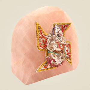 Swastik Ganesha Idol Coated in Pure 999 Silver with Multicolour Stone Detailing & Rose Quartz Base - Luxeartisanship