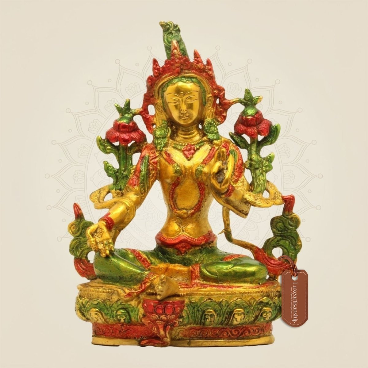 Tibetan Green Tara Brass Idol – Multicolor Compassion Statue - Luxeartisanship