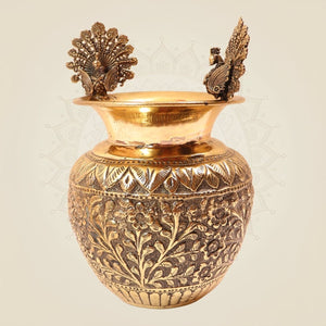 Traditional Brass Kalash with Peacock Motifs on the Rim – Pooja Decor for Elegant Home - Luxeartisanship