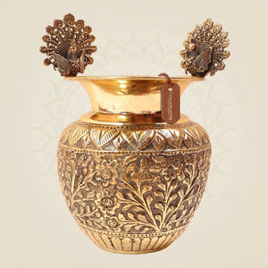 Traditional Brass Kalash with Peacock Motifs on the Rim – Pooja Decor for Elegant Home - Luxeartisanship