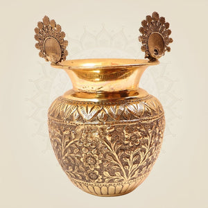 Traditional Brass Kalash with Peacock Motifs on the Rim – Pooja Decor for Elegant Home - Luxeartisanship