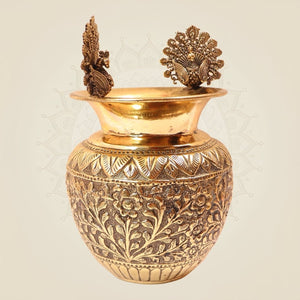 Traditional Brass Kalash with Peacock Motifs on the Rim – Pooja Decor for Elegant Home - Luxeartisanship