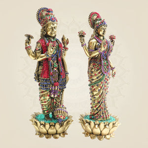 Vishnu - Lakshmi Brass Idol β Stunning Jewellery Stone Work - Luxeartisanship